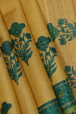 Collection of Lime-Yellow Tussar Silk Mughal Flower Print Saree in a gallery layout