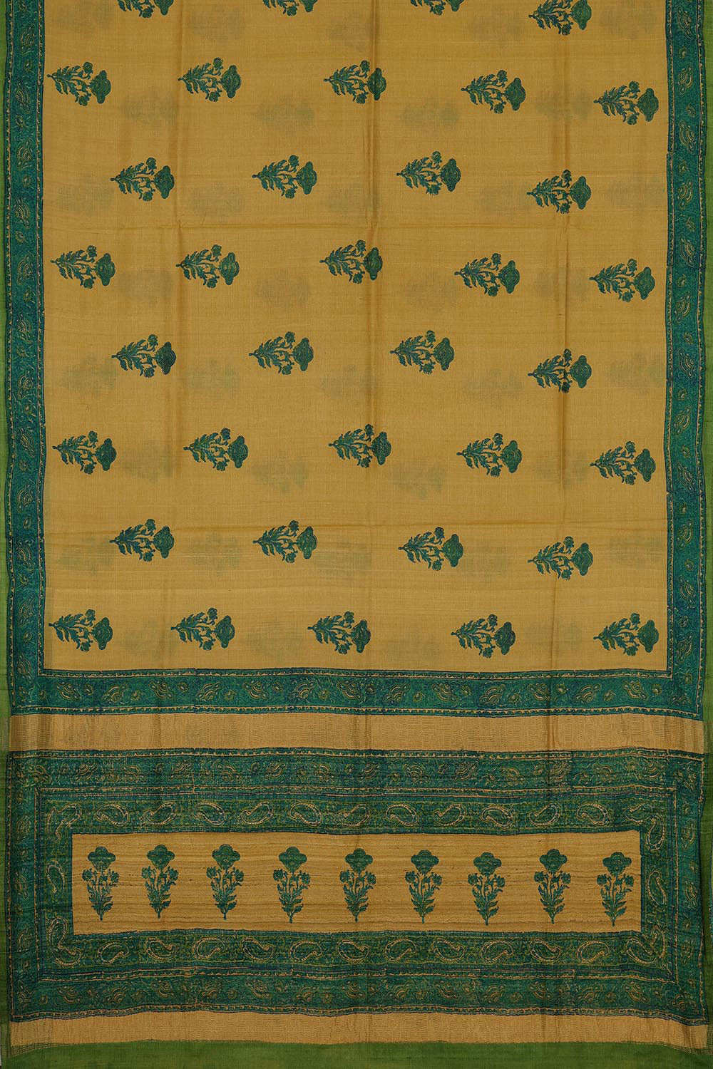 Collection of Lime-Yellow Tussar Silk Mughal Flower Print Saree in a gallery layout