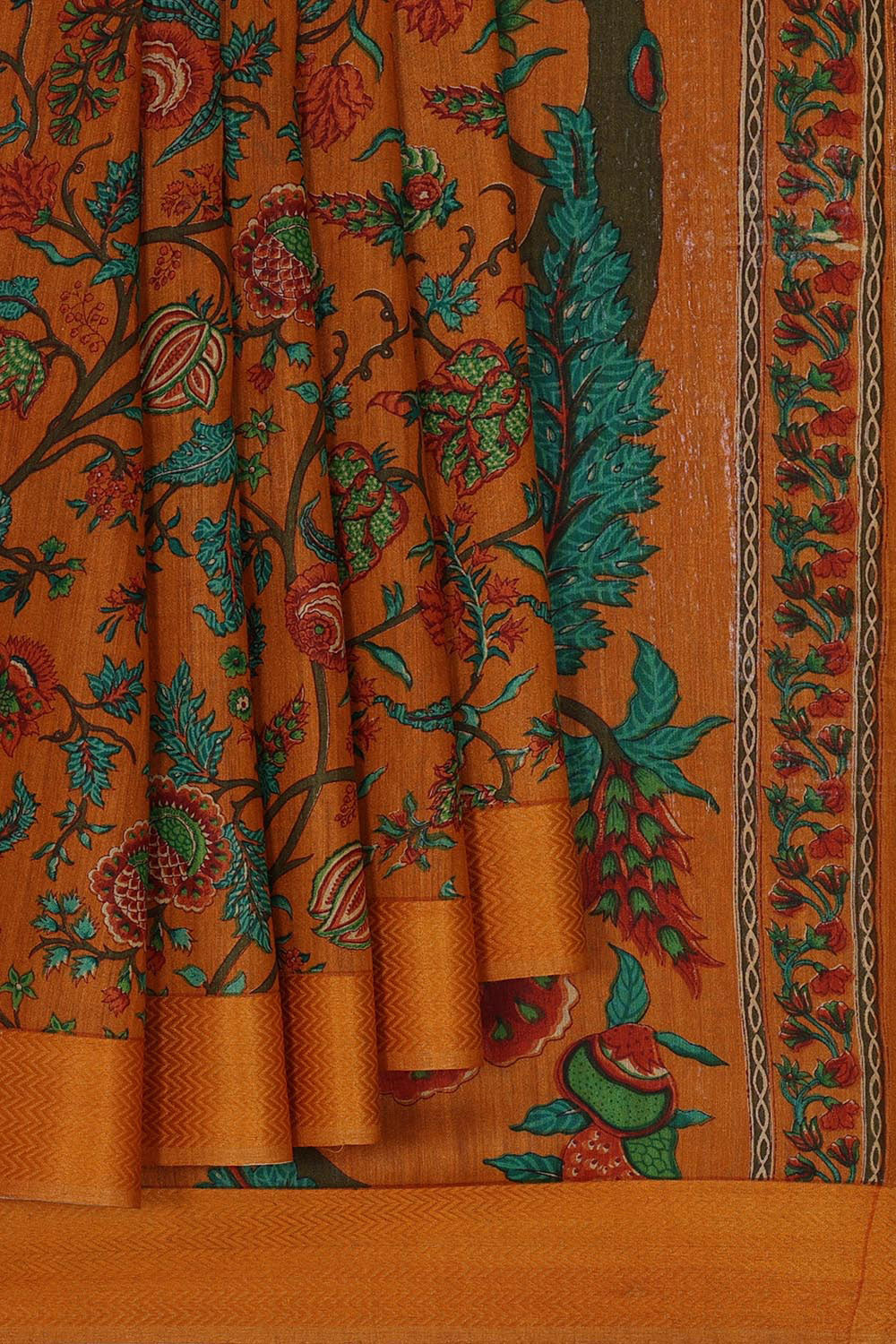 Collection of Sunset-Orange Tussar Silk Flower/Floral Print Saree in a gallery layout