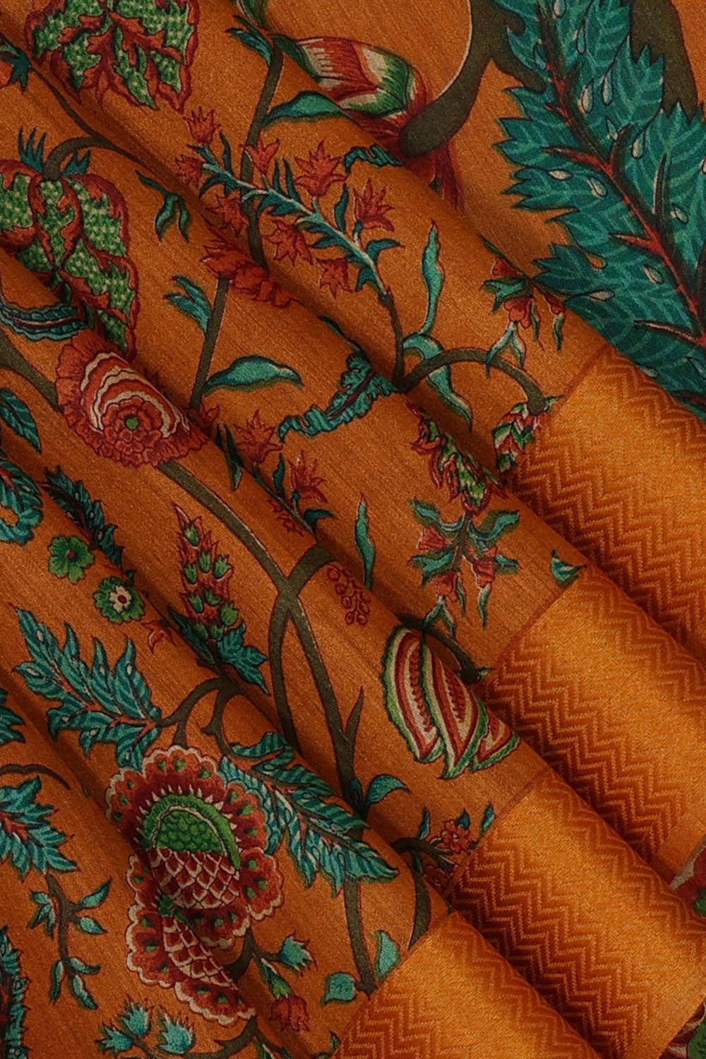 Image of Sunset-Orange Tussar Silk Flower/Floral Print Saree