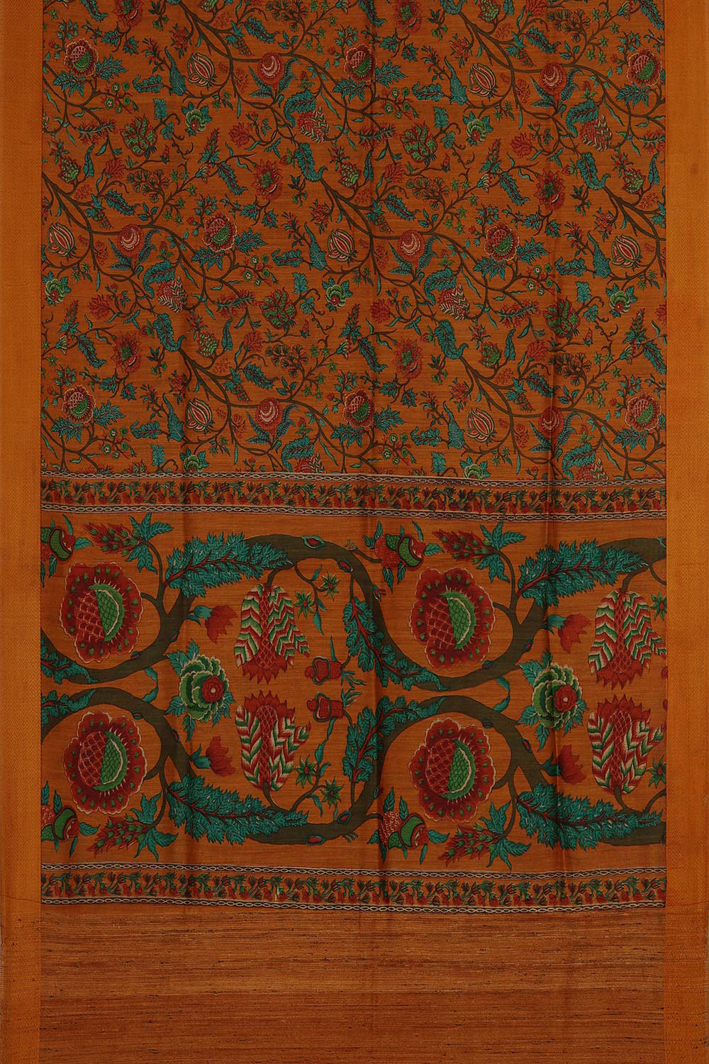 Image of Sunset-Orange Tussar Silk Flower/Floral Print Saree