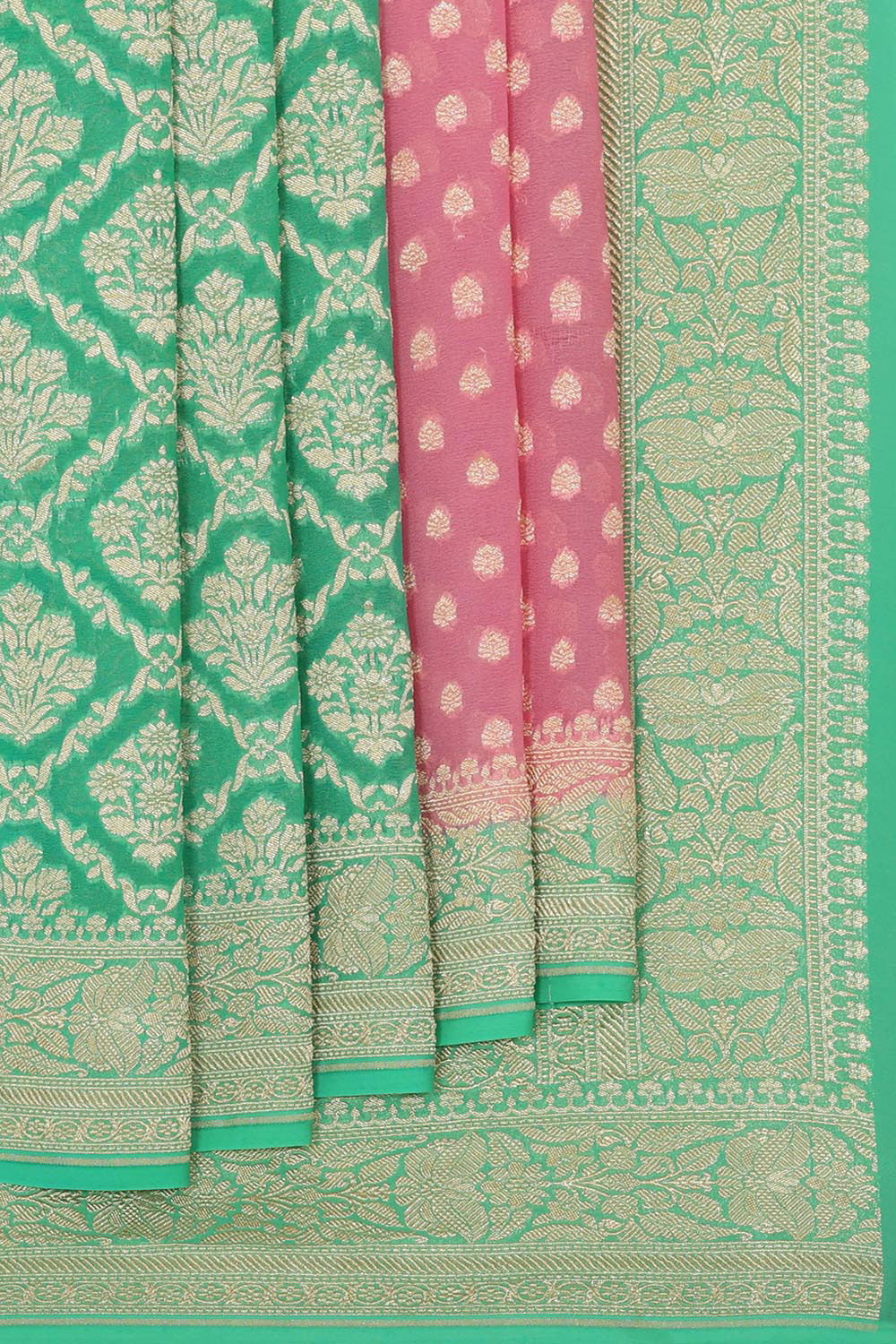 Collection of Banarasi Georgette Green/Peach Saree in a gallery layout