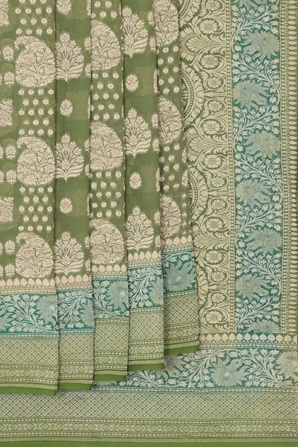 Collection of Banarasi Georgette Sage Green Saree in a gallery layout