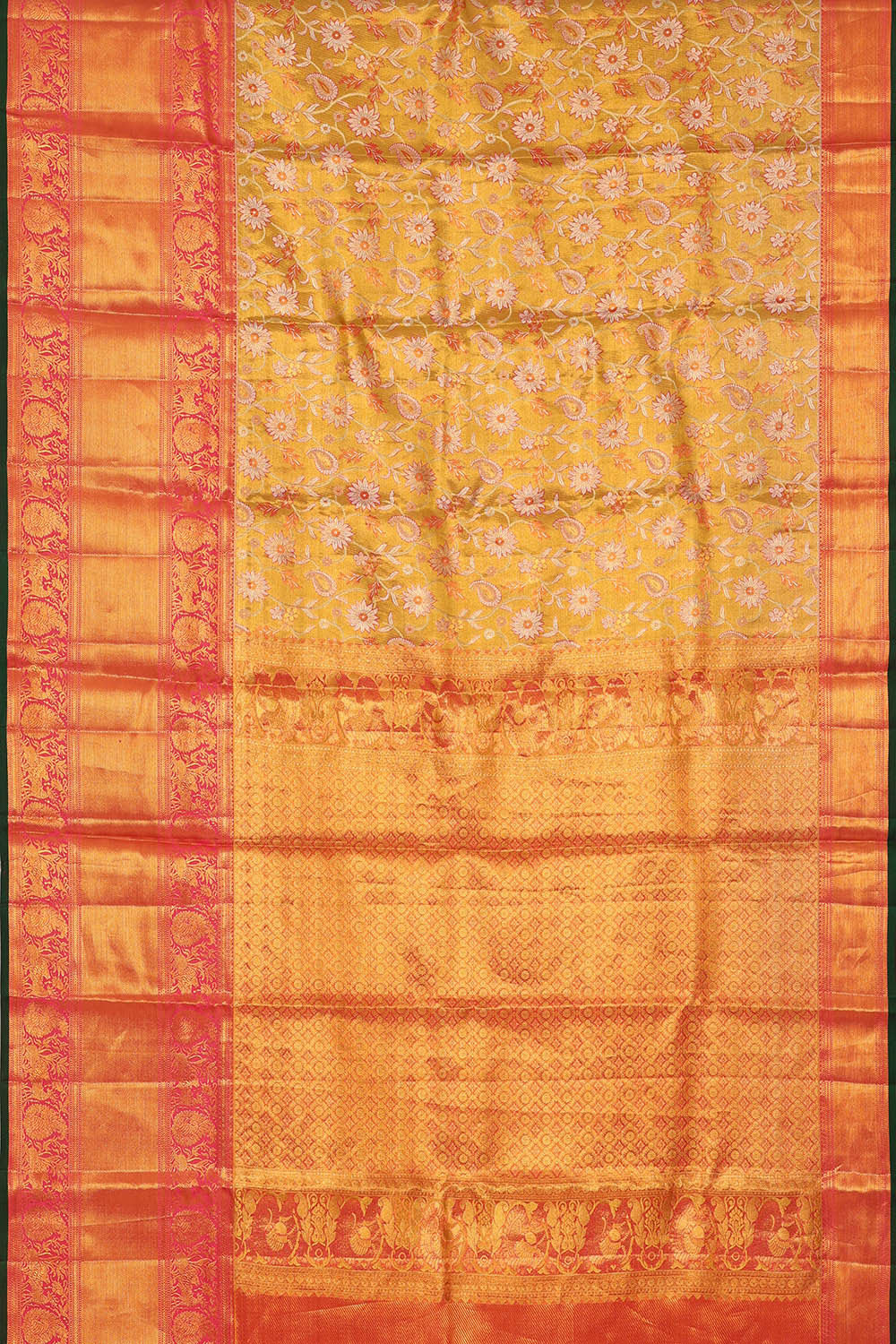 Image of Kanchipattu Brocade Golden Fenugreek Yellow Saree