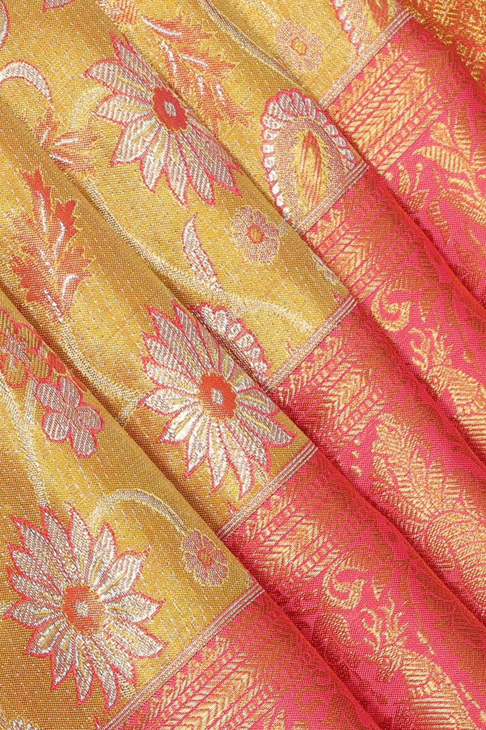 Image of Kanchipattu Brocade Golden Fenugreek Yellow Saree