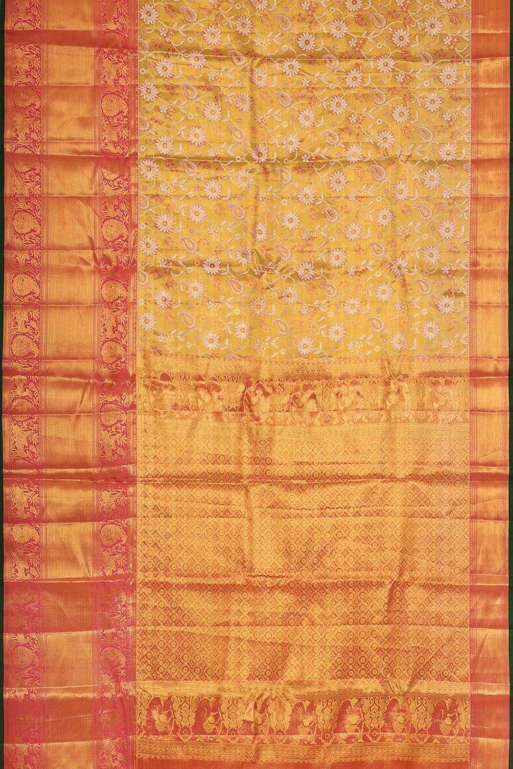 Image of Kanchipattu Brocade Golden Fenugreek Yellow Saree
