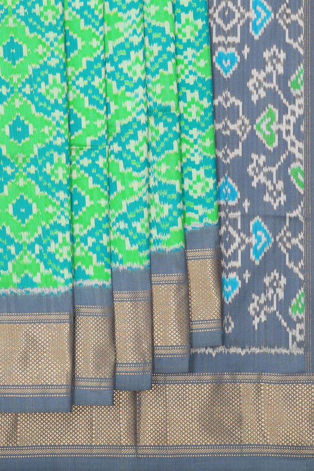 Collection of Pochampally Silk Ikat Green Saree in a gallery layout