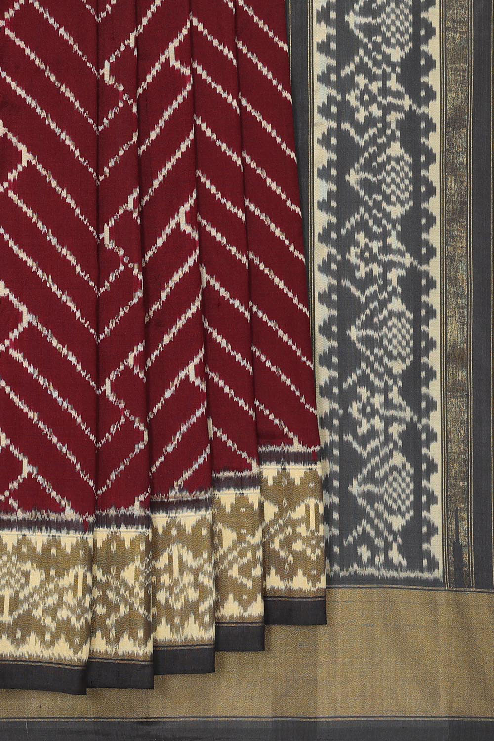 Collection of Pochampally Silk Ikat Caramel Maroon Saree in a gallery layout