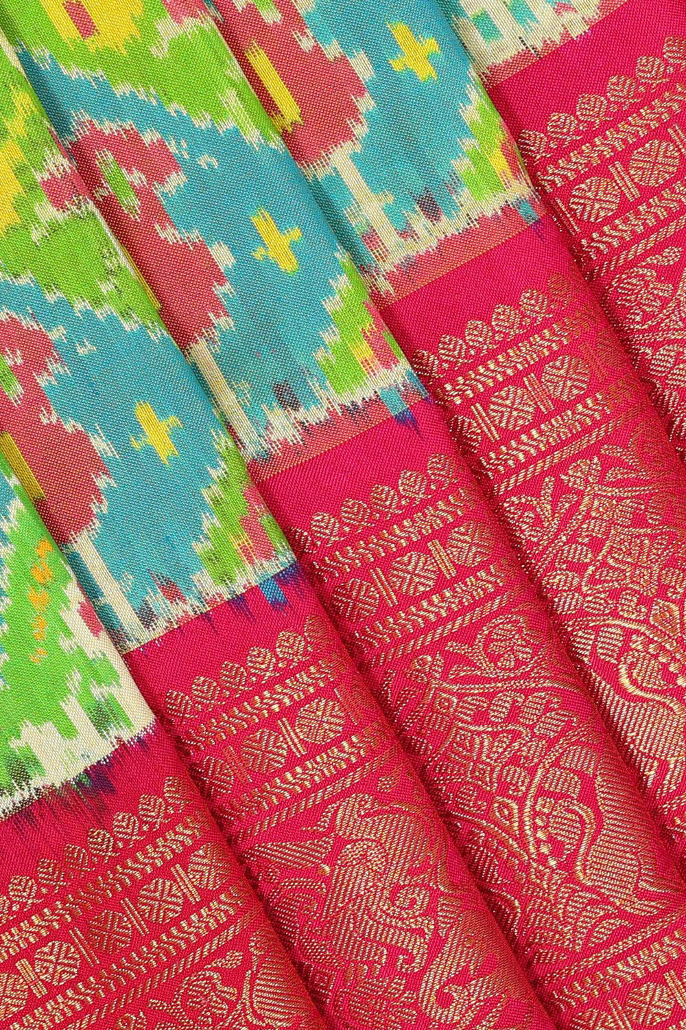 Collection of Pochampally Silk Ikat Green Saree in a gallery layout