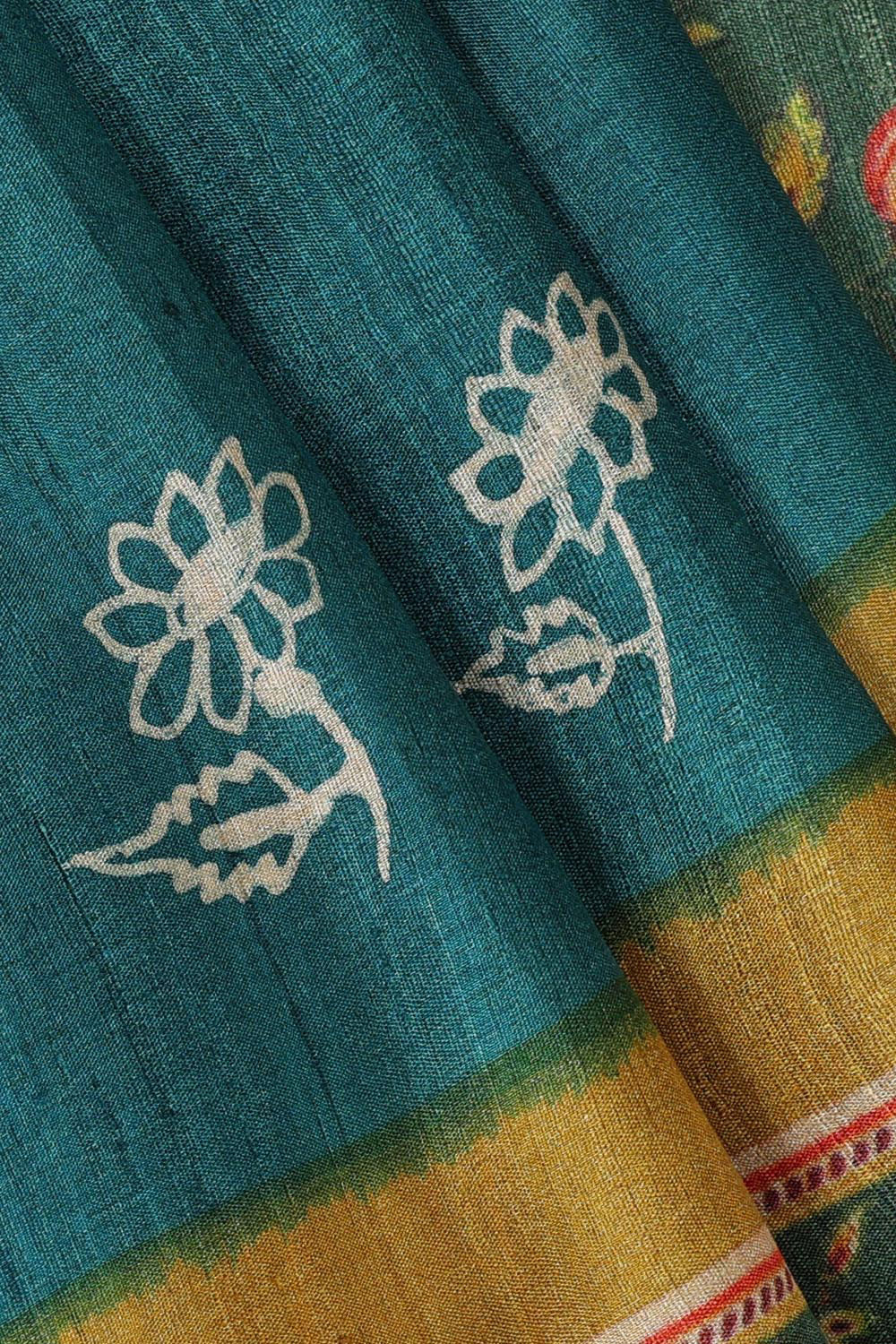 Peacock Blue Tussar Silk Saree