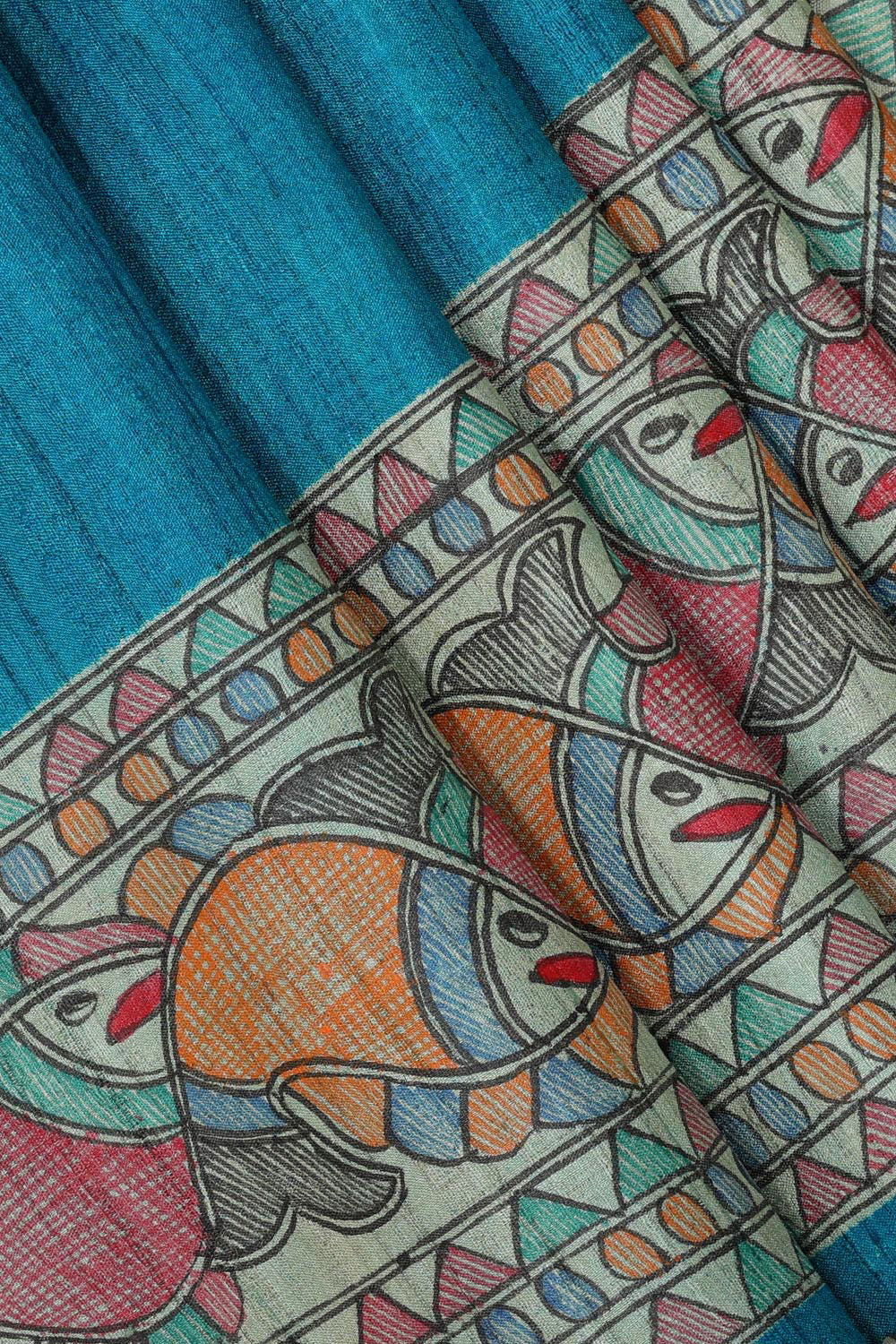 Ocean Blue Madhubani Tussar Silk Saree