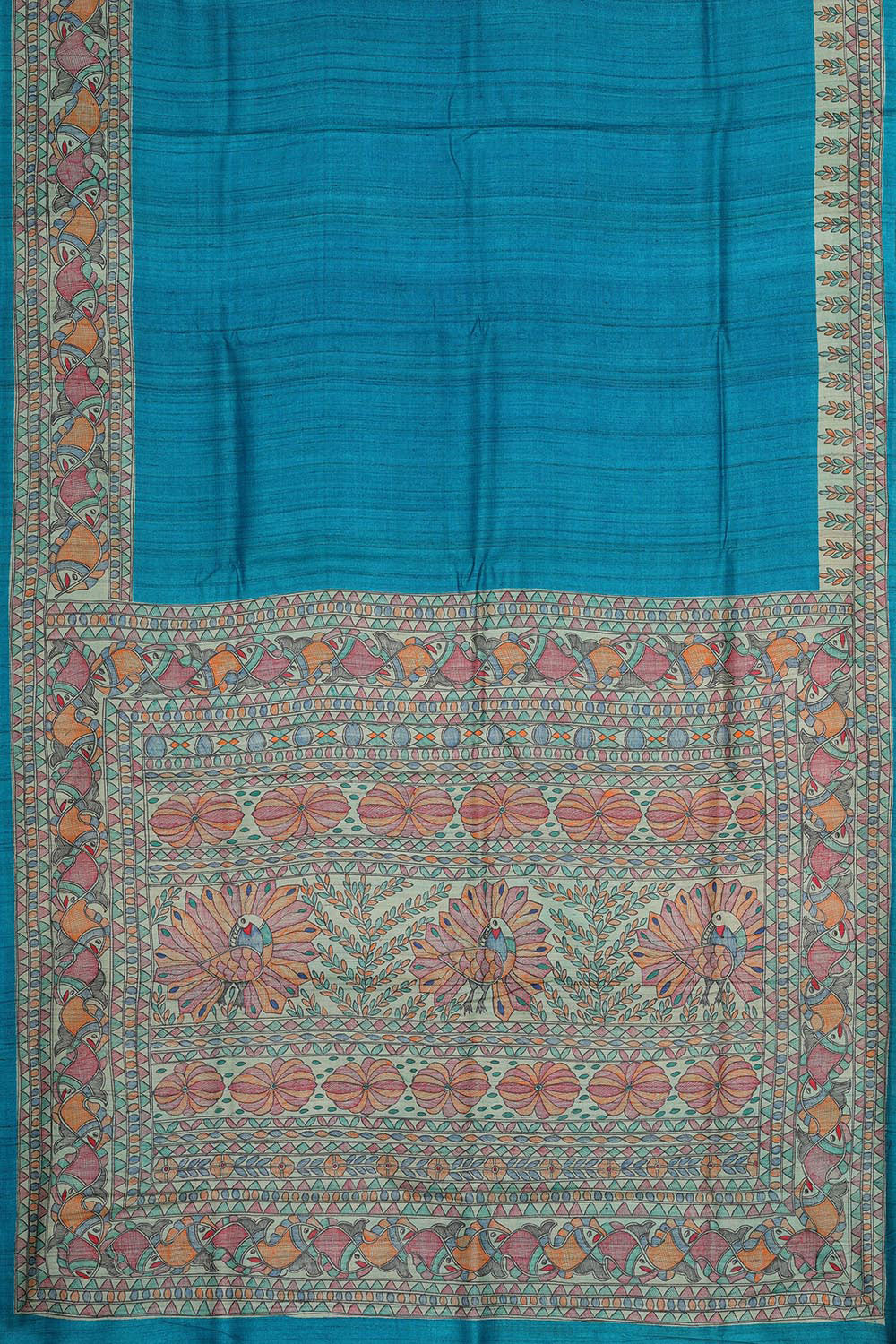 Ocean Blue Madhubani Tussar Silk Saree