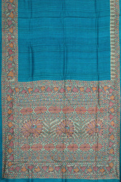 Image of Ocean Blue Madhubani Tussar Silk Saree