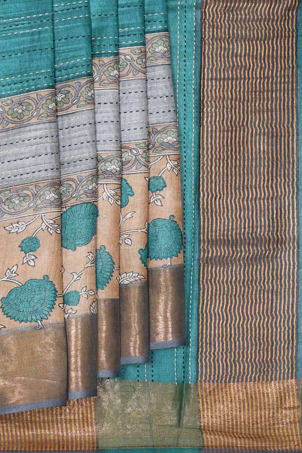 Turquoise Pista Green Tussar Silk Saree