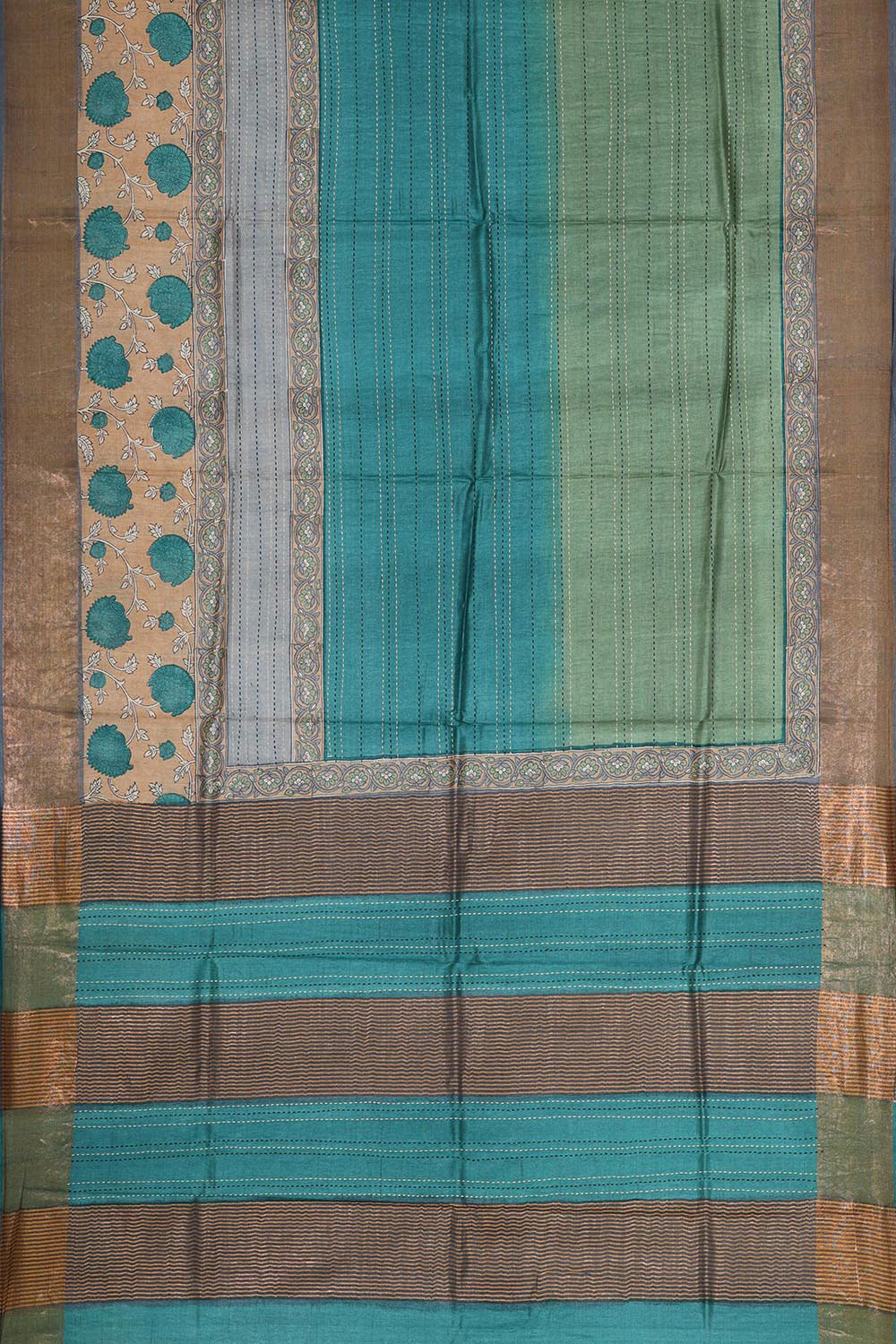 Turquoise Pista Green Tussar Silk Saree