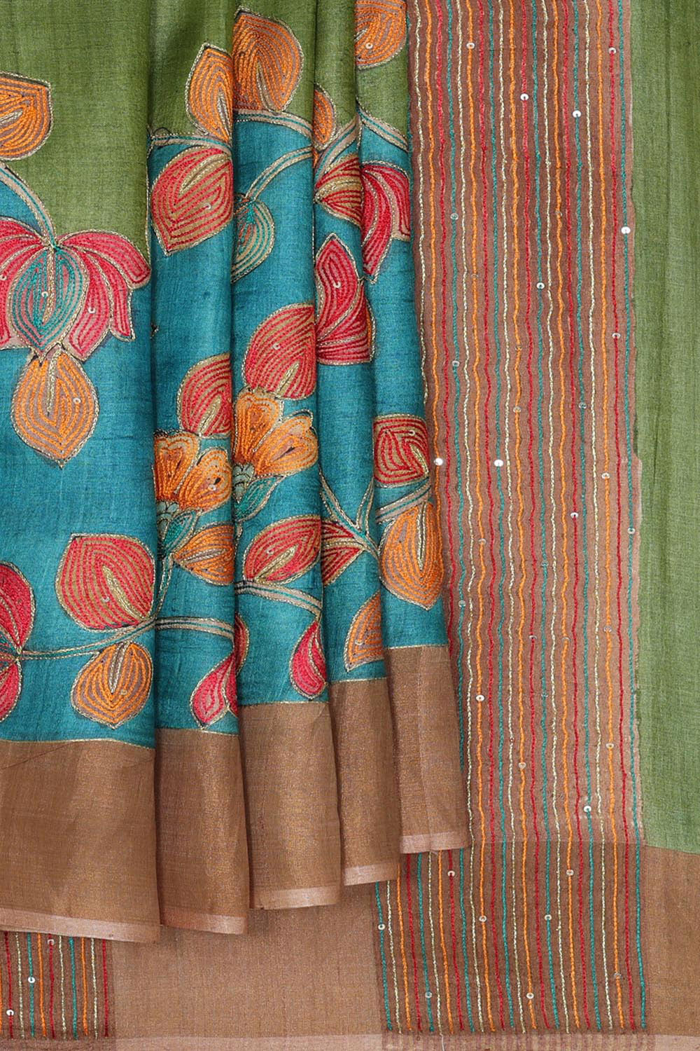 Embroidered Tussar Silk Blue-Green Saree