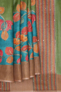 Image of Embroidered Tussar Silk Blue-Green Saree