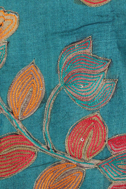 Image of Embroidered Tussar Silk Blue-Green Saree