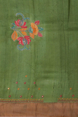 Image of Embroidered Tussar Silk Blue-Green Saree