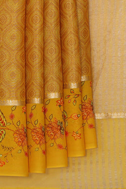 Collection of Banarasi Georgette Dull Mustard Yellow Saree in a gallery layout