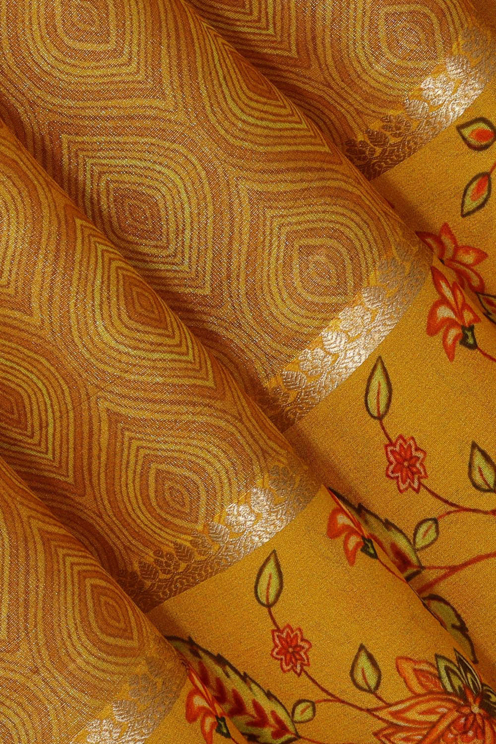 Collection of Banarasi Georgette Dull Mustard Yellow Saree in a gallery layout