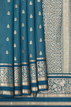 Collection of Banarasi Chiniya Silk Peacock Blue Saree in a gallery layout