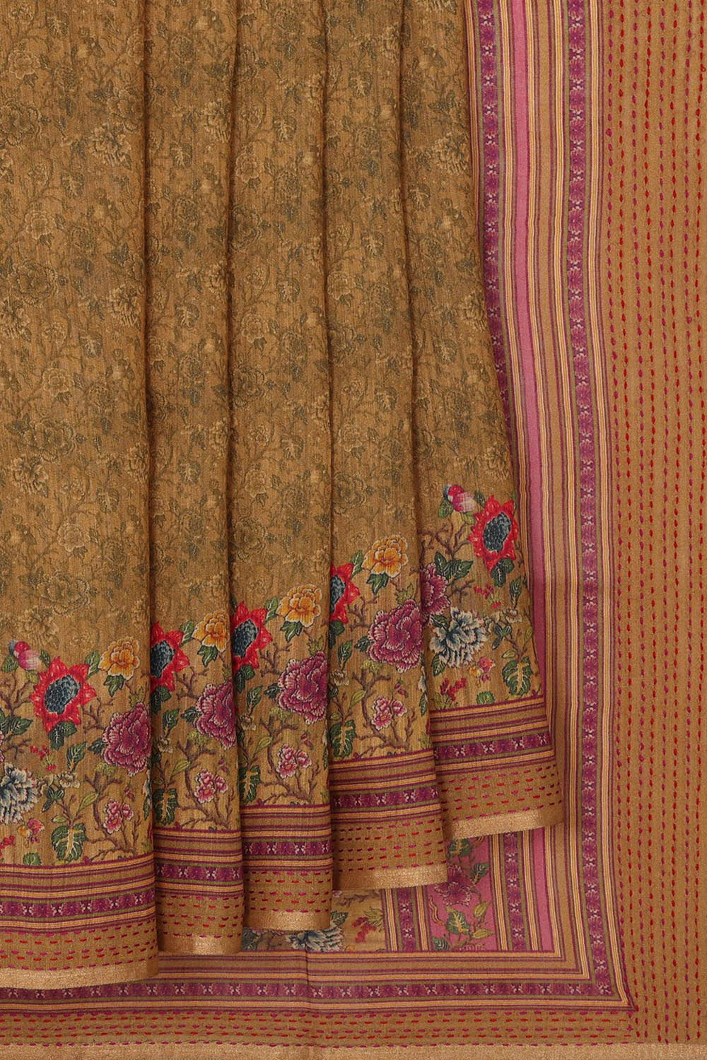 Collection of Tussar Moonga Silk Mustard Brown Saree in a gallery layout