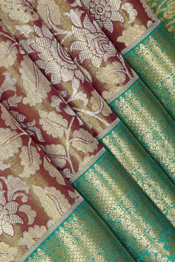 Image of Kanchipattu Golden Dark Brown Tissue Brocade Saree