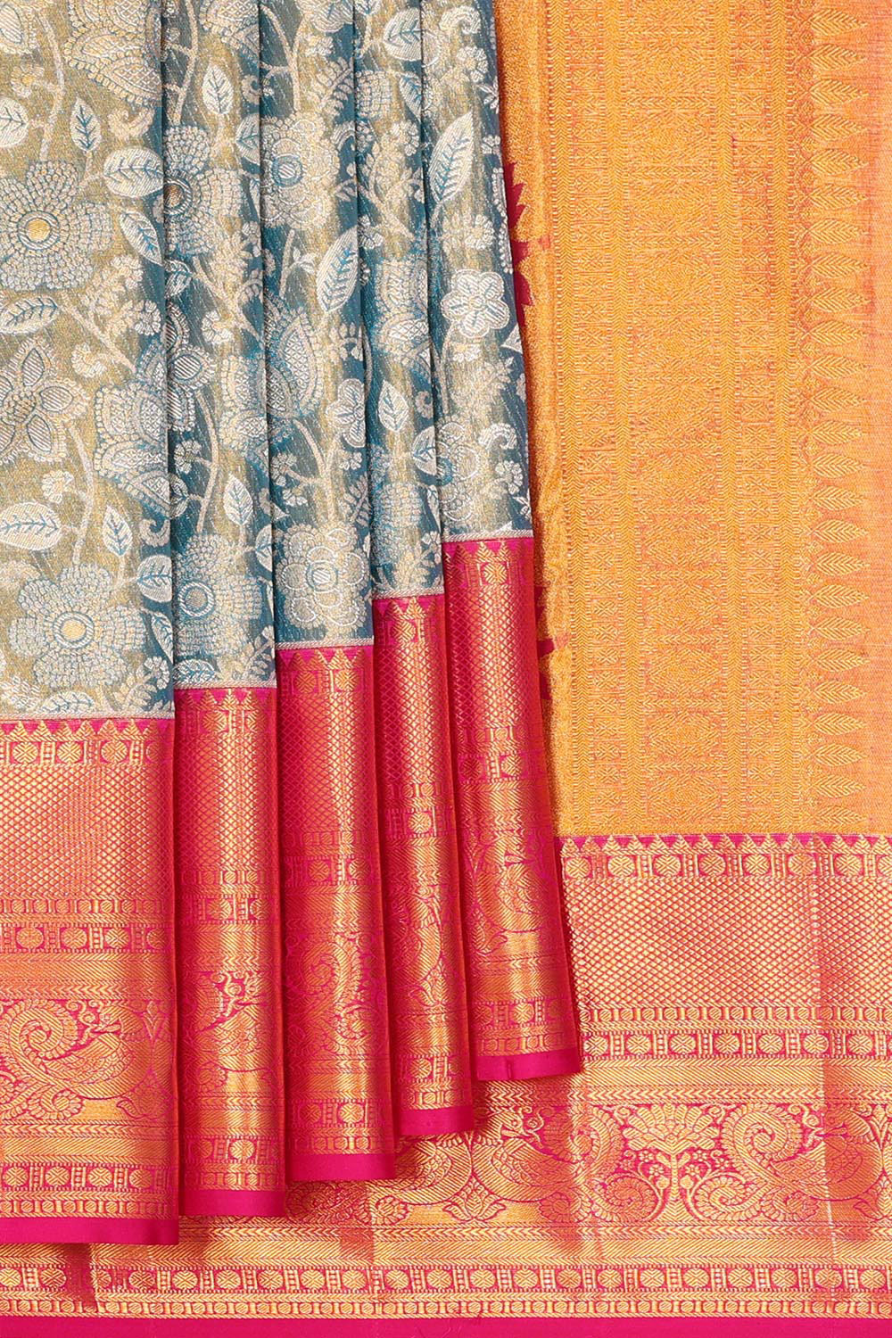 Kanchipattu Bluish Grey Tissue Brocade Saree