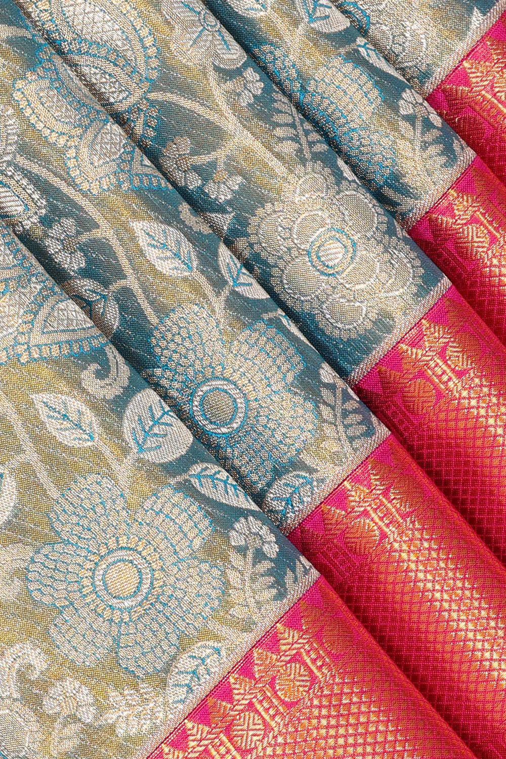 Kanchipattu Bluish Grey Tissue Brocade Saree