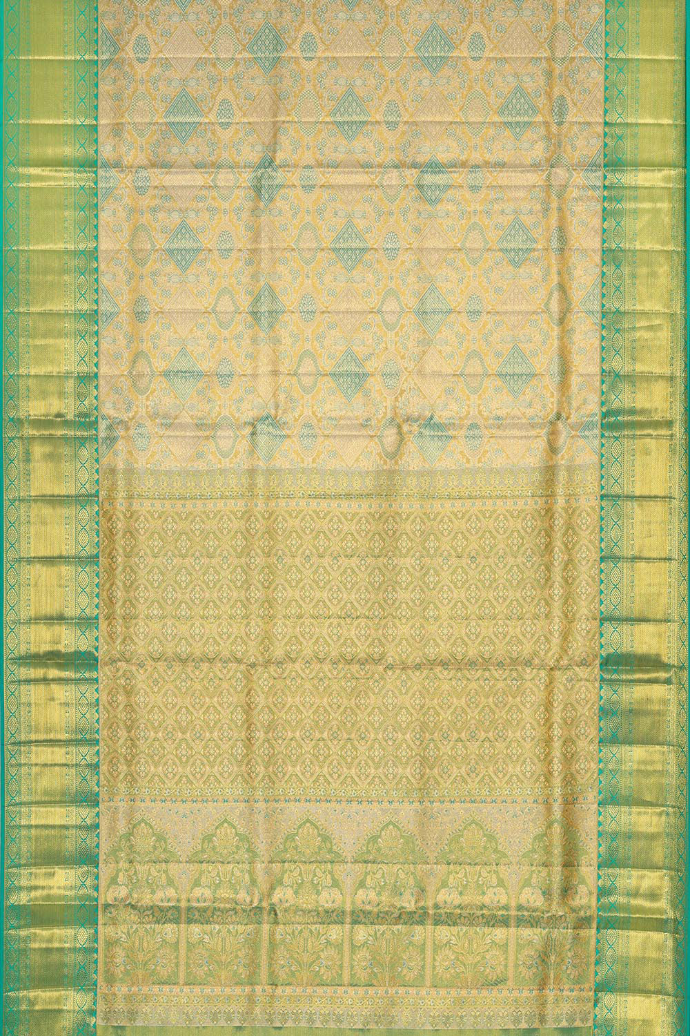 Kanchipattu Dark Yellow Tissue Brocade Saree