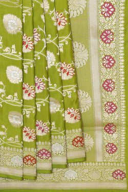 Collection of Banarasi Silk Parrot Green Saree in a gallery layout