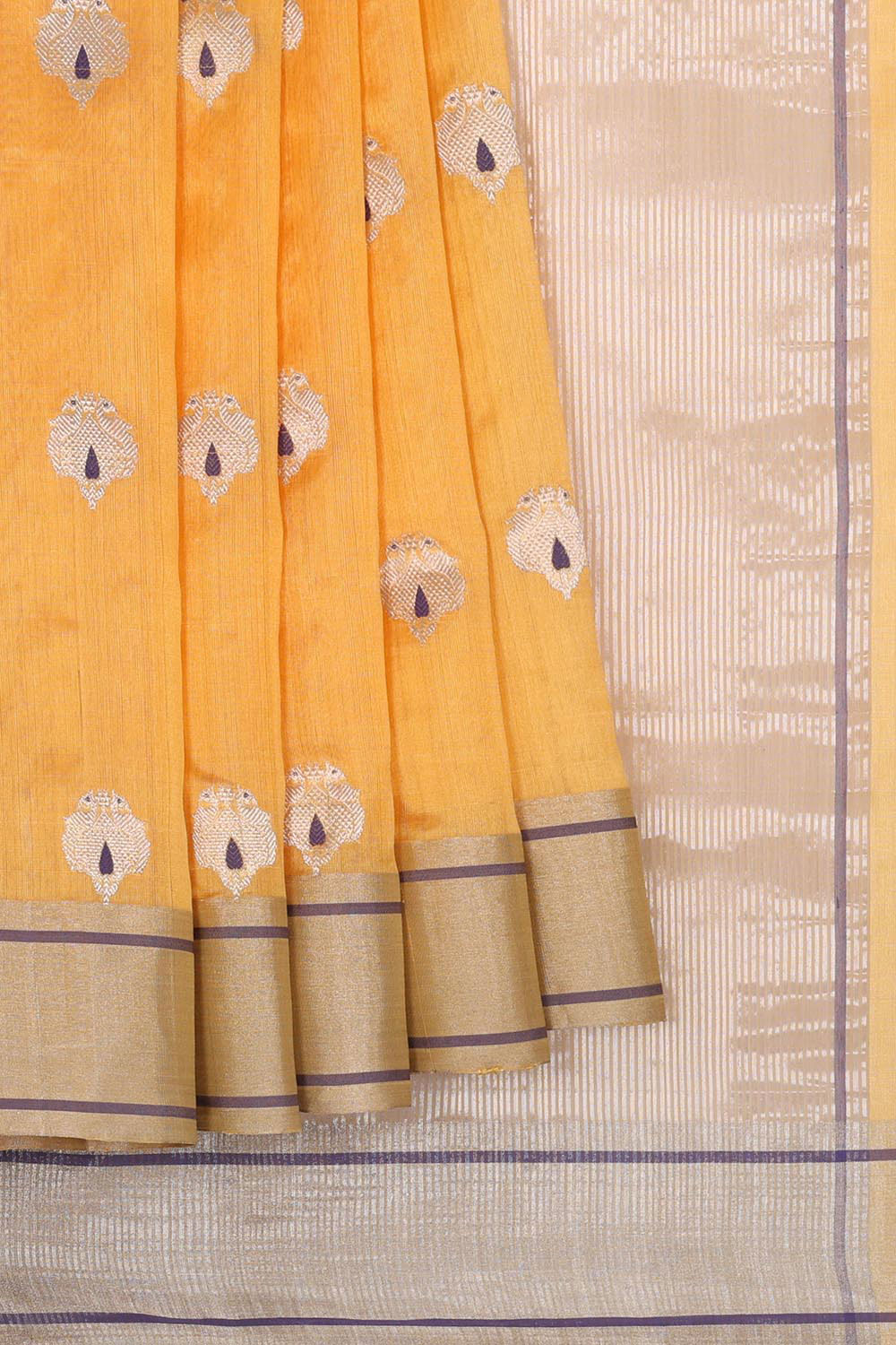 Collection of Chanderi Cotton Silk Saffron Yellow Saree in a gallery layout