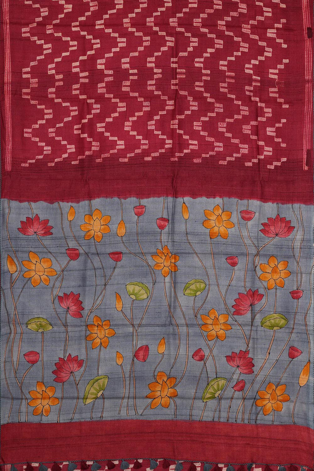 Image of Dark Red Tussar Silk Saree