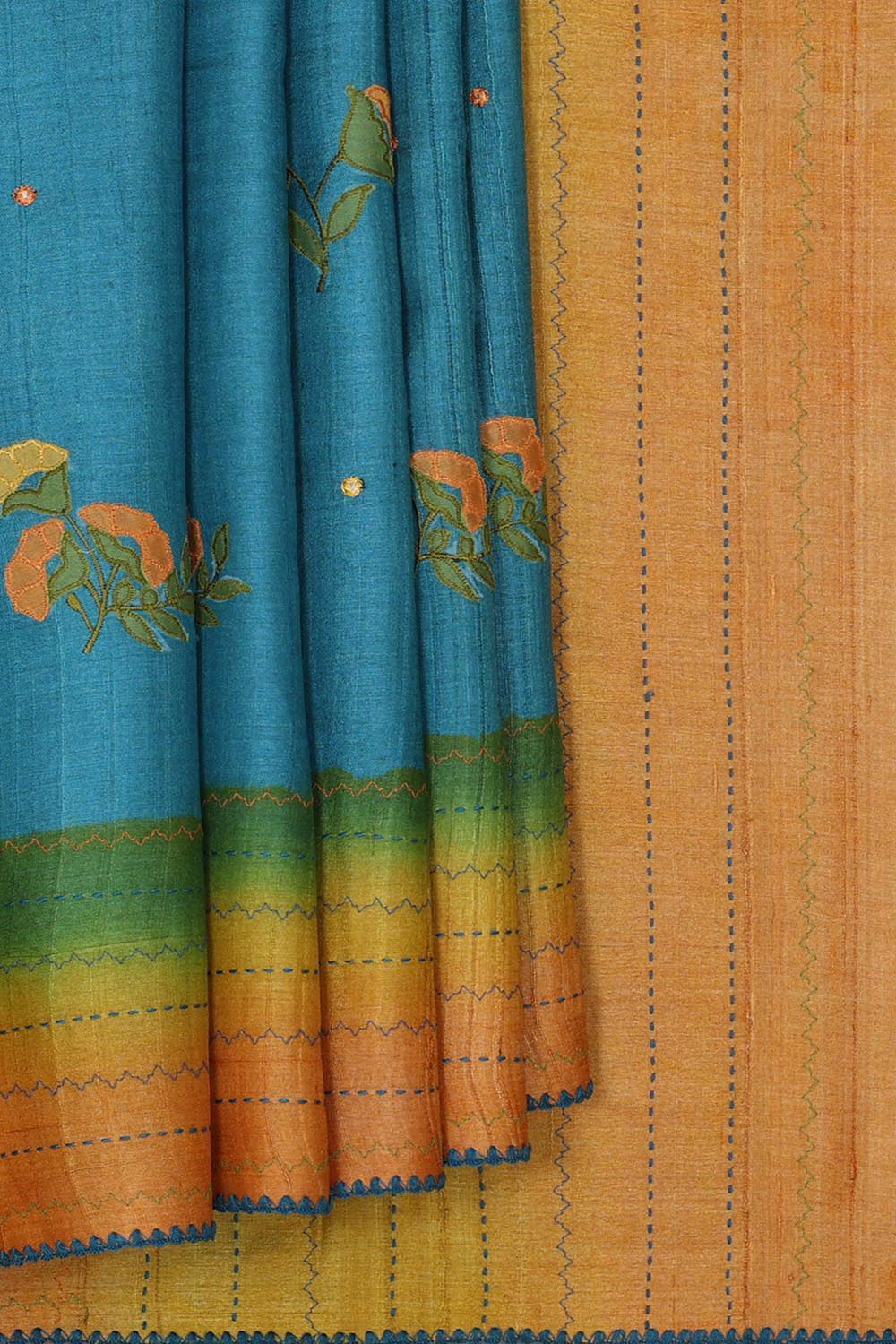 Embroidered Tussar Silk Teal Blue Saree