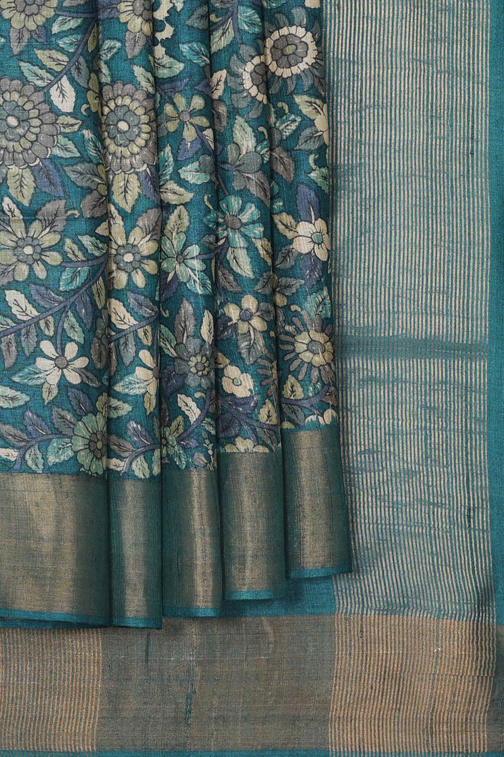 Tussar Jute Silk Teal Blue Saree