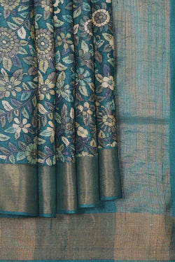 Image of Tussar Jute Silk Teal Blue Saree