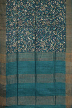 Image of Tussar Jute Silk Teal Blue Saree