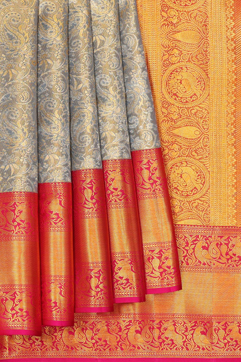 Kanchipattu Greenish Grey Tissue Brocade Saree