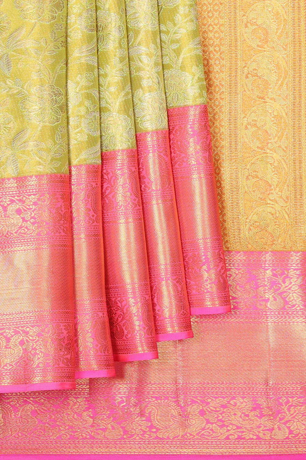 Kanchipattu Golden Green Tissue Brocade Saree