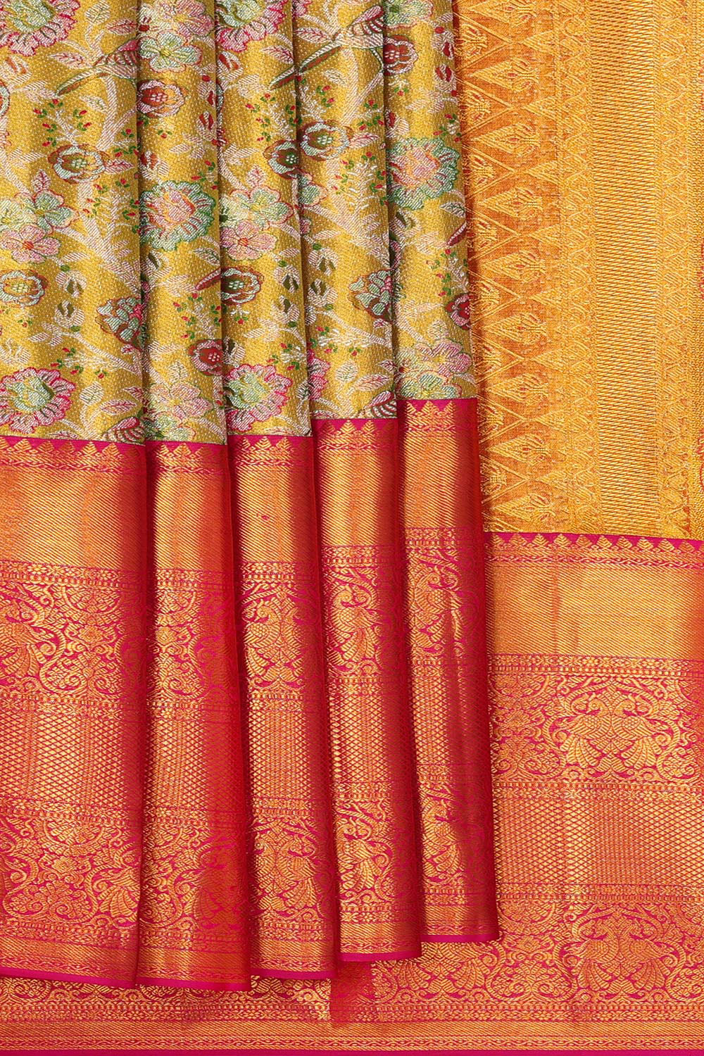 Kanchipattu Golden Green Tissue Brocade Saree