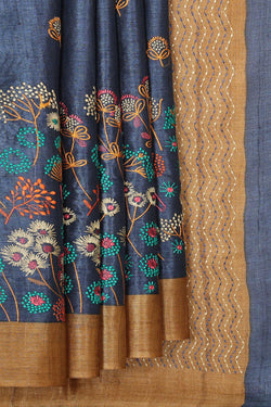 Collection of Tussar Silk Navy Blue Saree in a gallery layout