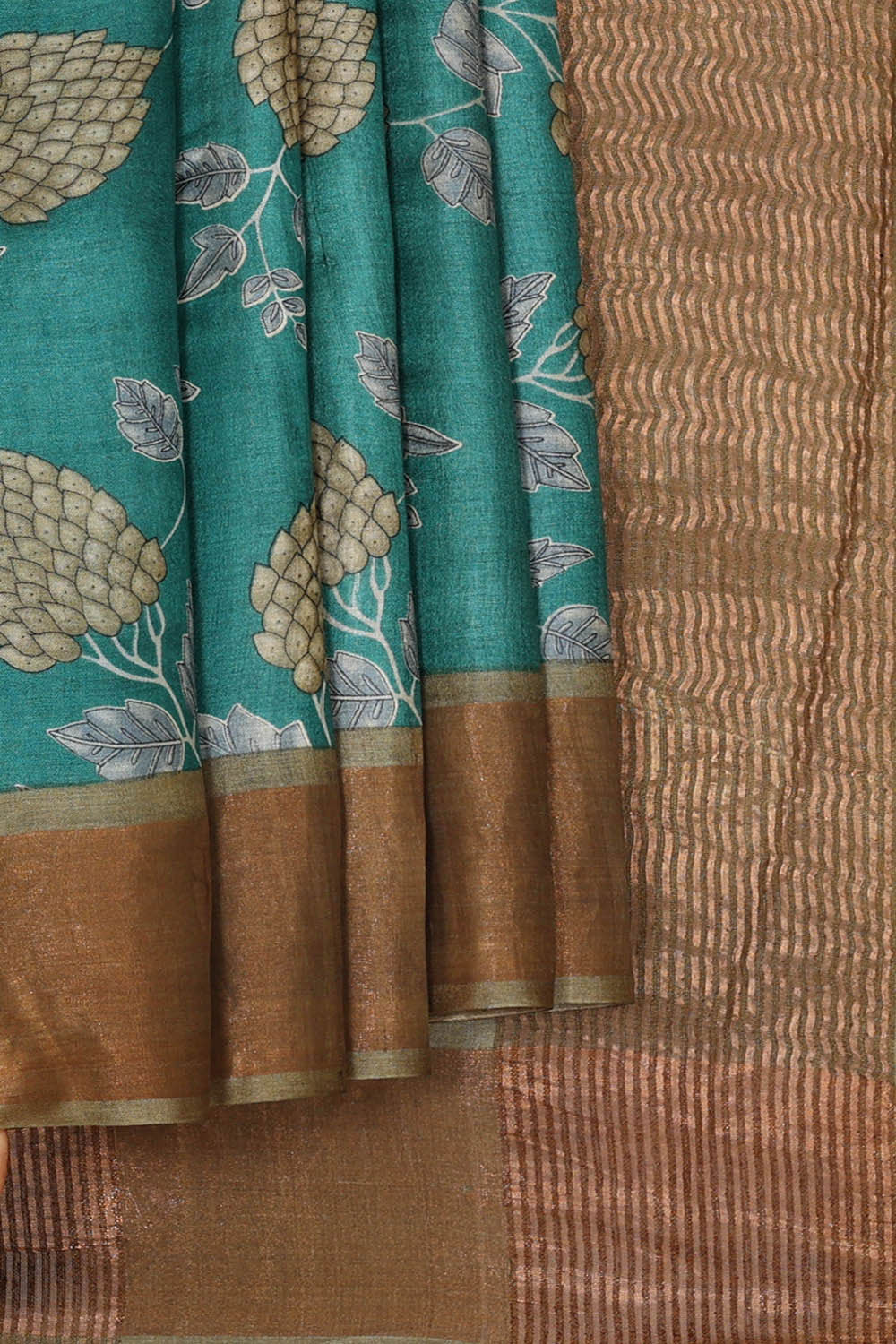 Printed Tussar Teal Green Saree