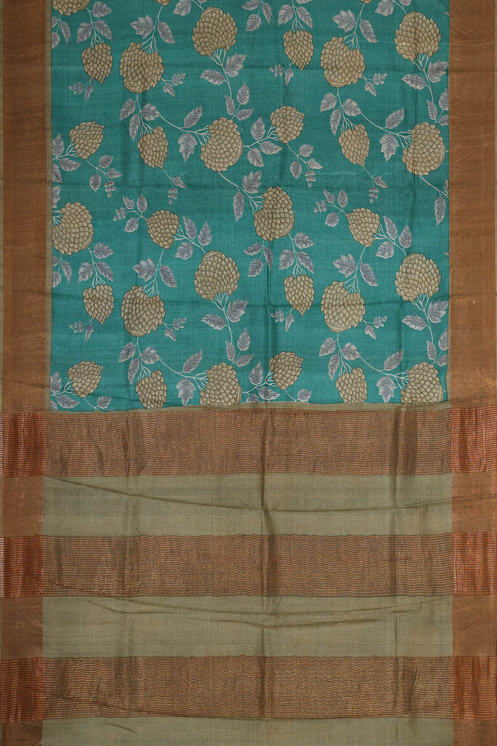 Printed Tussar Teal Green Saree