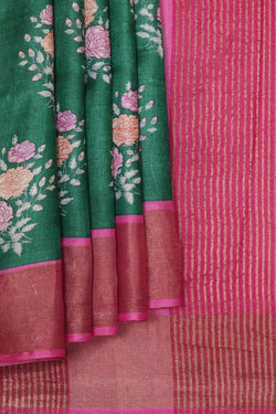 Image of Printed Tussar Dark Green Saree