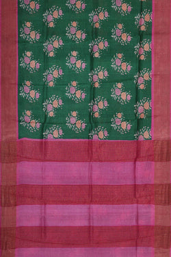 Image of Printed Tussar Dark Green Saree