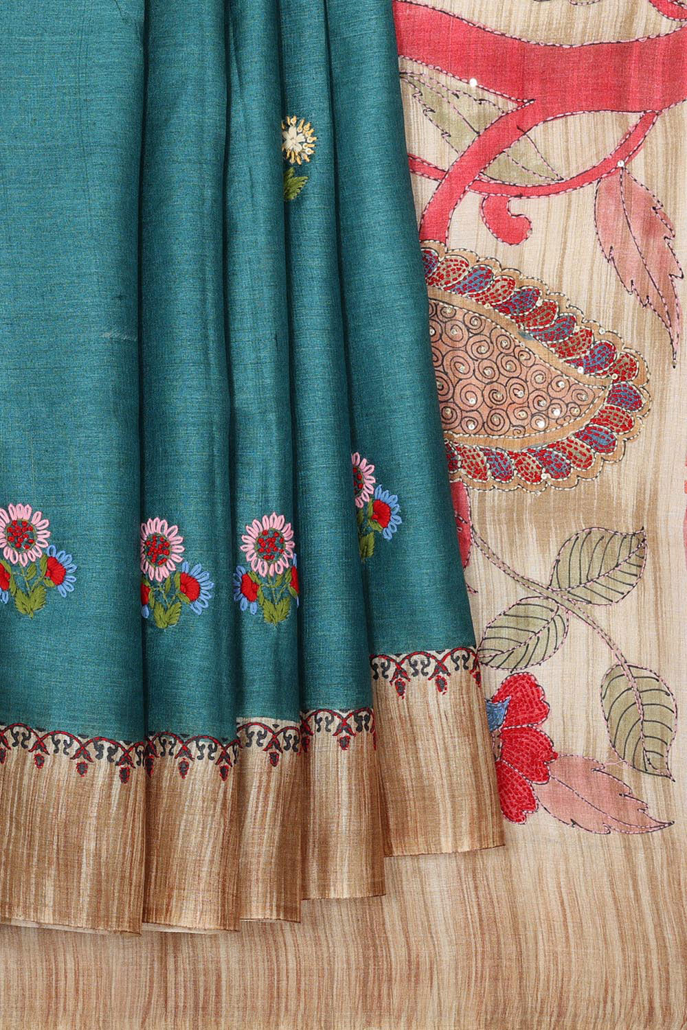 Tussar Silk Teal Blue Saree