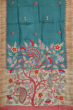 Image of Tussar Silk Teal Blue Saree