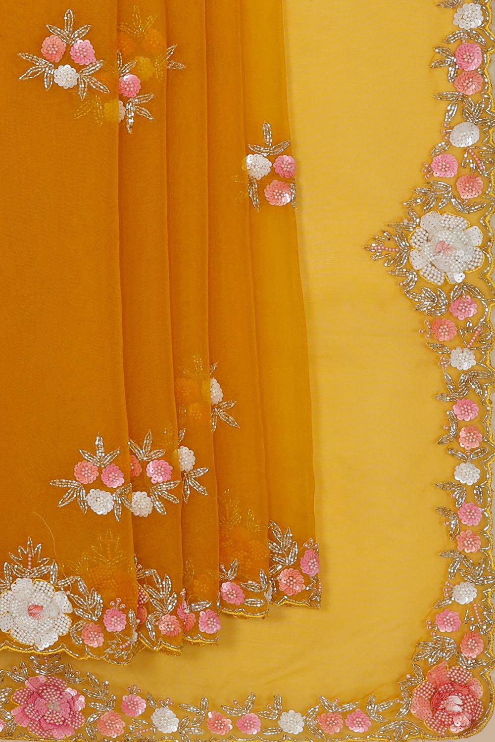 Collection of Organza Mustard Yellow Saree in a gallery layout