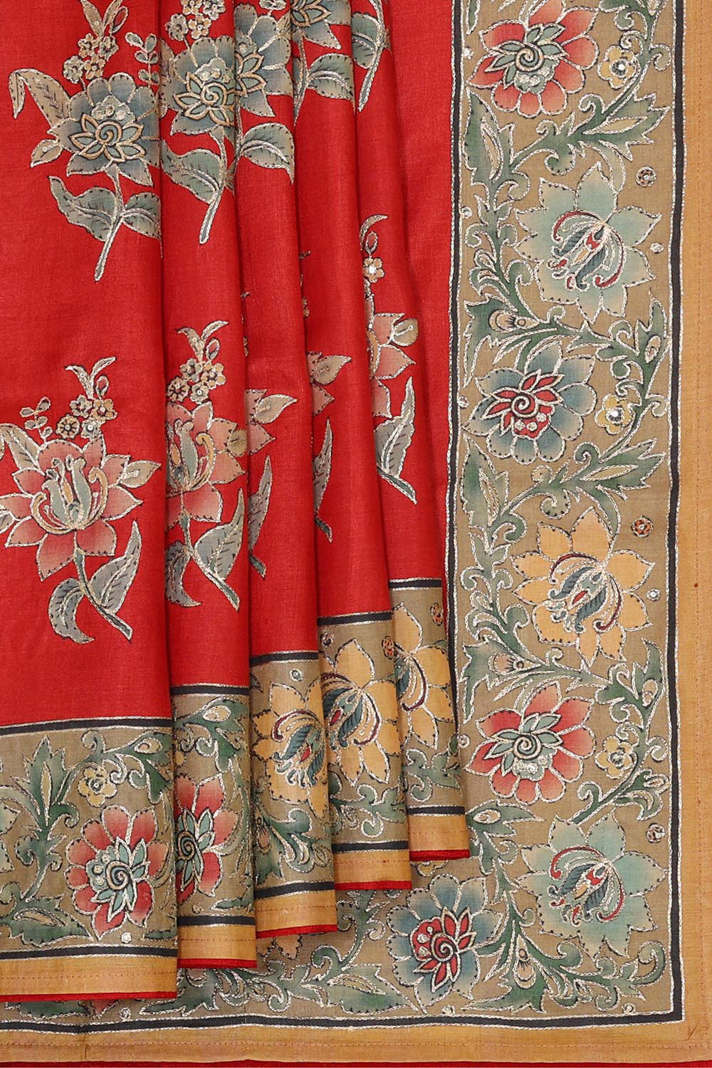 Printed Tussar Silk Red Saree